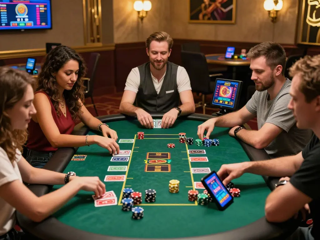 Players engaging in lively gaming at non gamstop UK casinos, surrounded by colorful chips and cards.