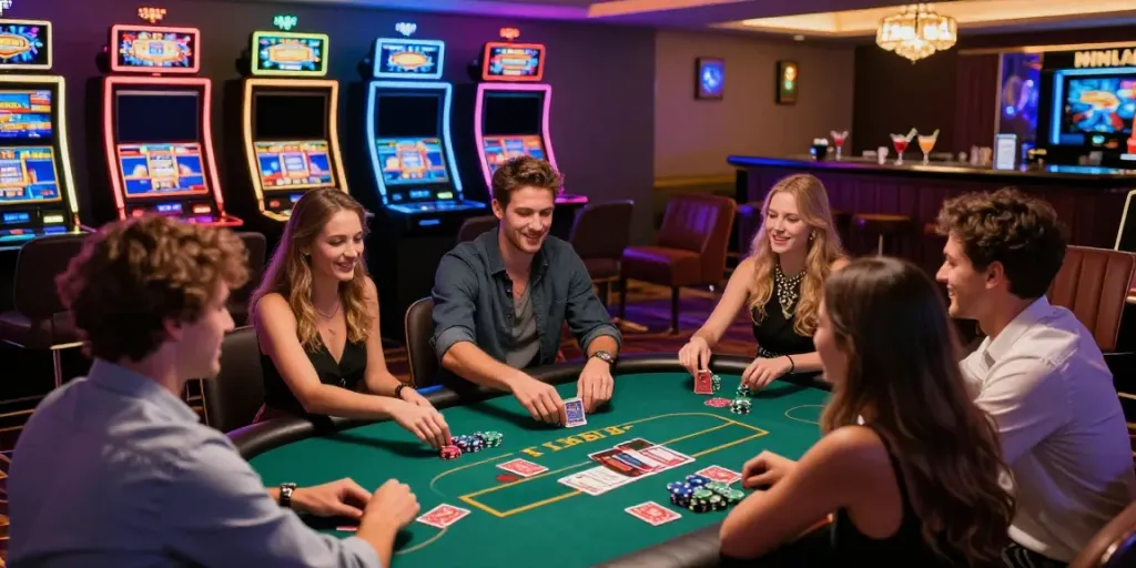 Celebration moment at non Gamstop UK casinos with friends winning at poker table.