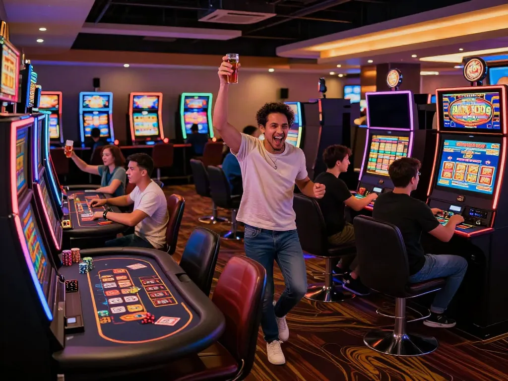 Players enjoying vibrant non gamstop UK casinos atmosphere, celebrating wins together.