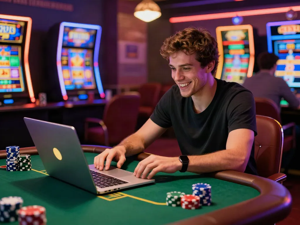 Excited player enjoying non Gamstop UK casinos on a laptop surrounded by vibrant game graphics.