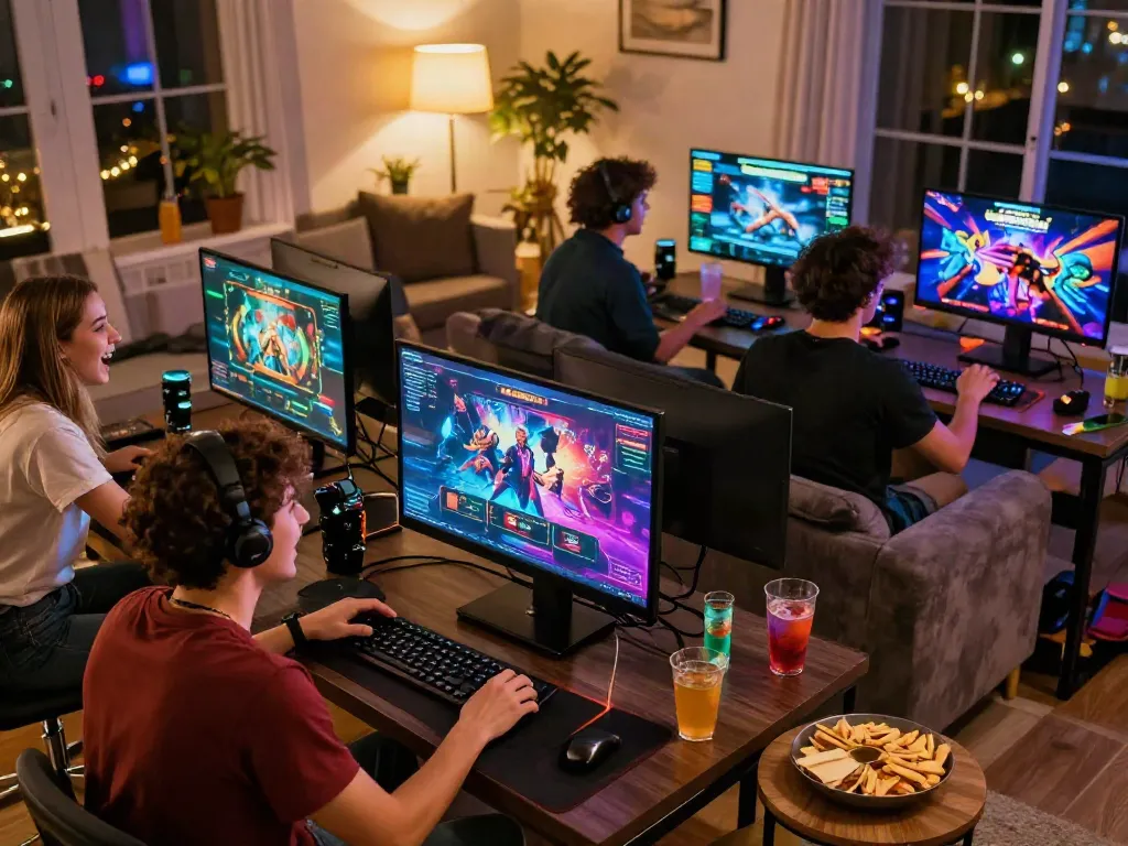 Friends gaming together in a lively setting showcasing non Gamstop UK casinos entertainment.