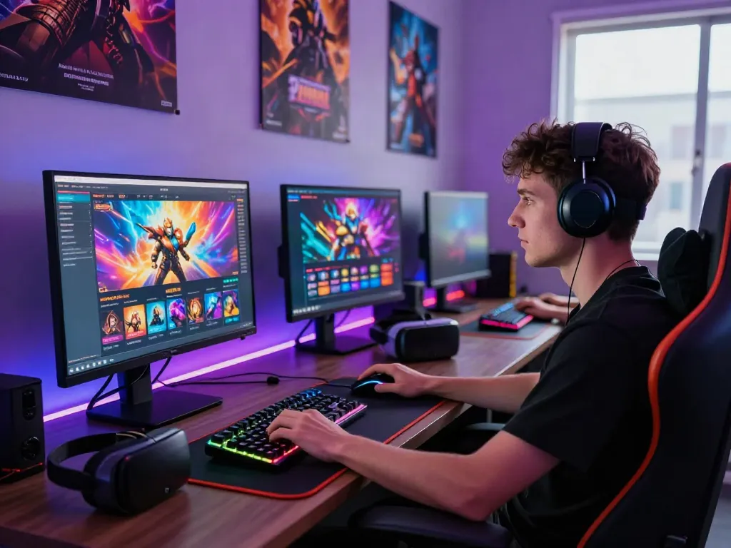 Gamer at vibrant desktop with multiple games showcasing non GamStop UK casinos.