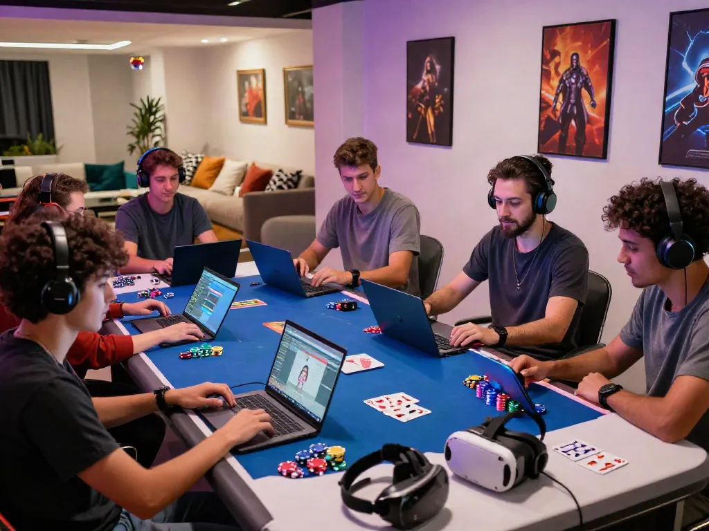 Exciting gaming lounge with friends enjoying non gamstop uk casinos experience, vibrant atmosphere with gaming elements.