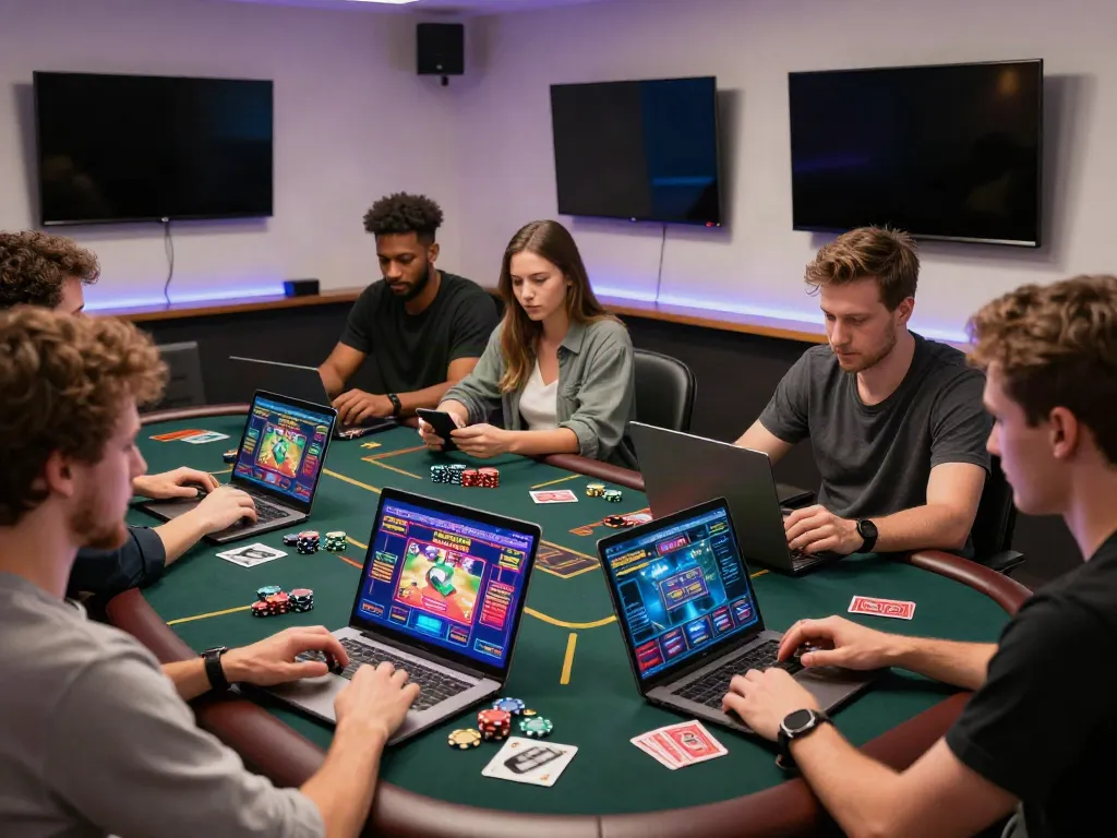 Players enjoying non Gamstop UK casinos in a lively gaming room filled with high-tech devices and vibrant atmosphere.