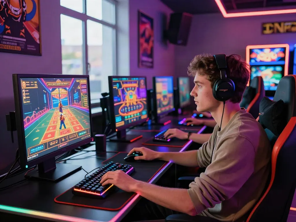 Engaged player at non GamStop UK casinos with dual monitors and gaming gear