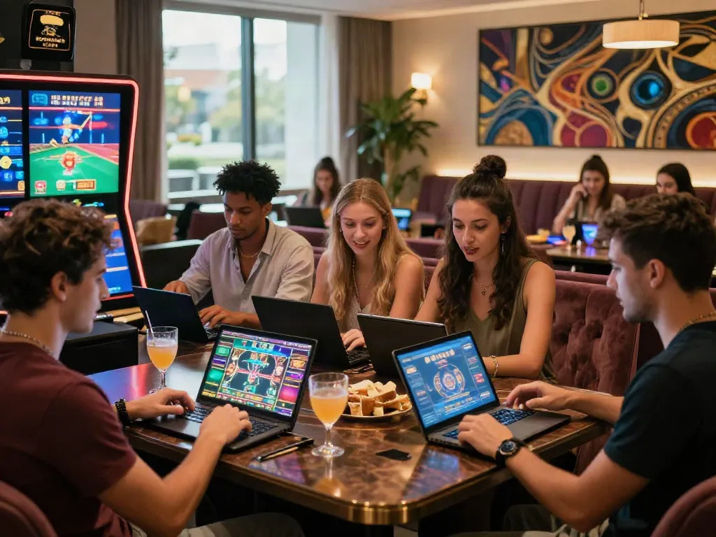 Friends having fun with non Gamstop UK casinos in a stylish setting