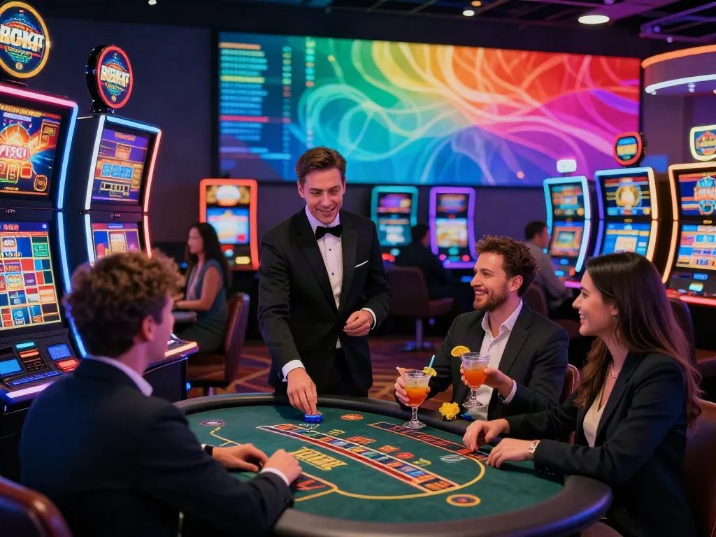Exciting gaming atmosphere at non GamStop UK casinos, featuring diverse players and vibrant casino decor.
