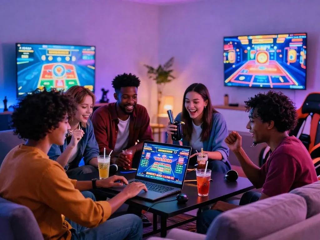 Friends enjoying a lively gaming session at non Gamstop UK casinos in a cozy home environment.