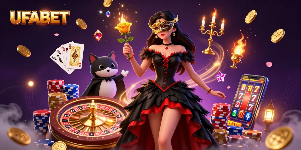 Win big at UFABET with dynamic gaming elements, including roulette, slot reels, and vibrant casino atmosphere.