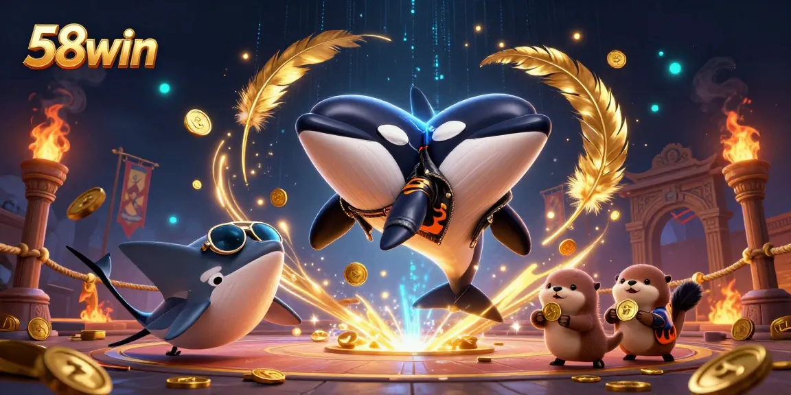 Experience the thrilling atmosphere of 58win with playful sea creatures and vibrant casino elements.