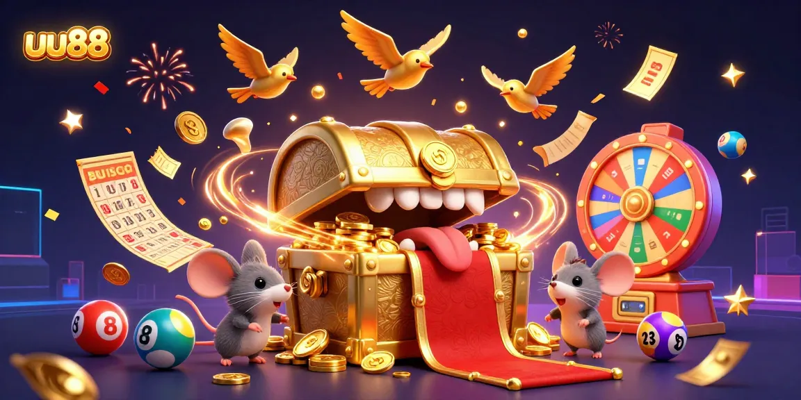 Engage with uu88's vibrant lottery scene featuring dynamic colorful balls and a treasure chest.