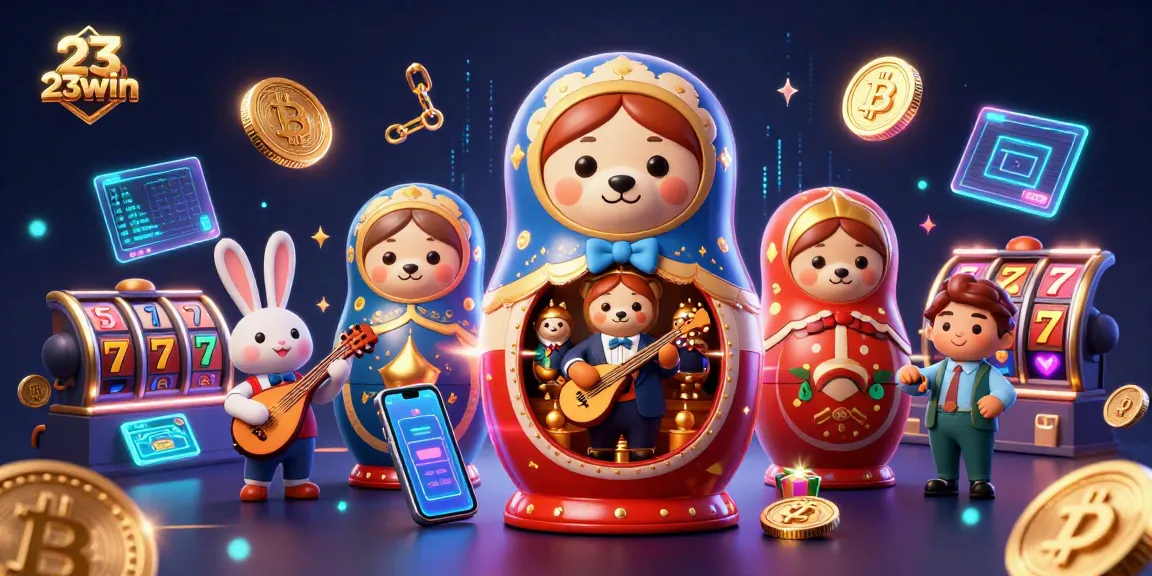 Engage with 23win's immersive casino experience showcasing vibrant slot elements and unique characters.
