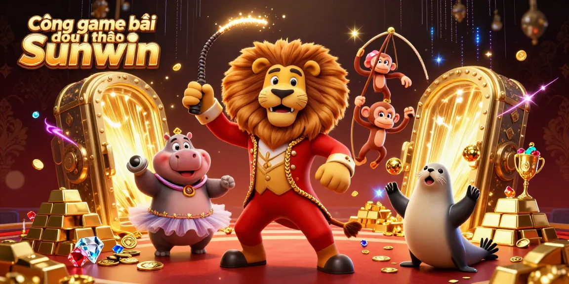 Cổng game bài đổi thưởng Sunwin showcases a vibrant casino scene with cartoon characters and treasure elements.