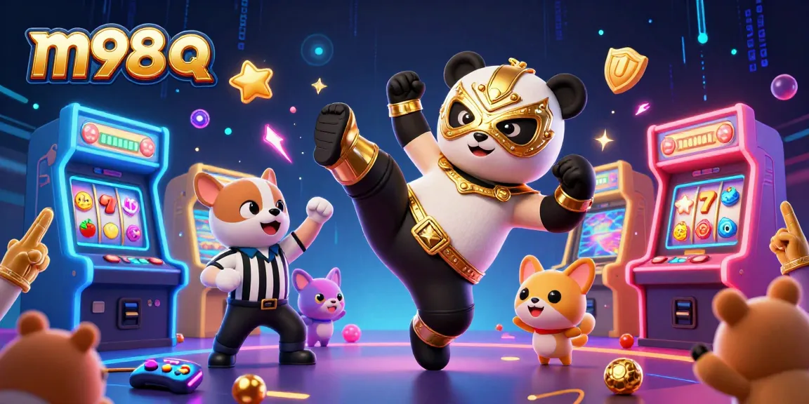 Experience the excitement of m98 q with a dynamic 3D illustration showcasing a panda wrestler, arcade games, and slot symbols.