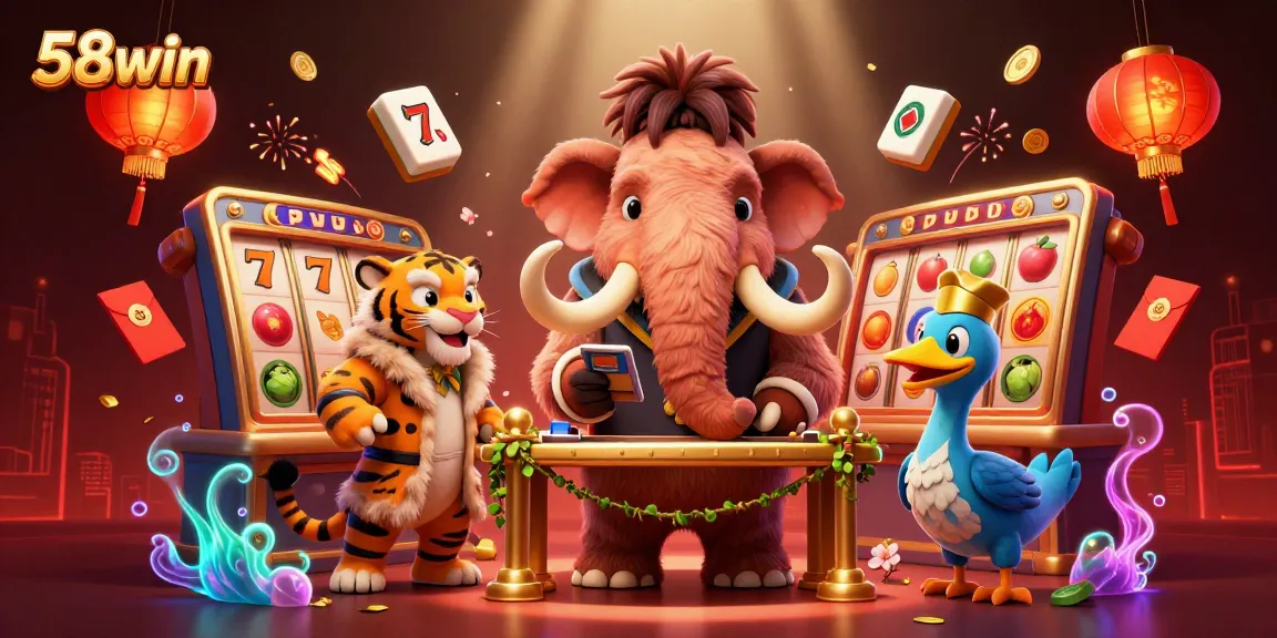Engage with 58win's vibrant gaming world through a dynamic illustration featuring lively casino characters.