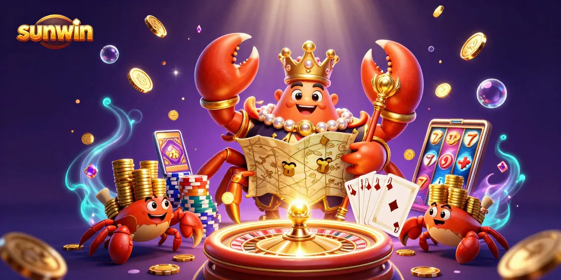Experience exciting gameplay at sunwin with the massive crab emperor and golden treasures in a vibrant casino scene.