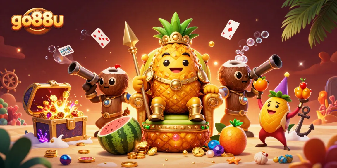 Experience the excitement of go88u with a vibrant scene of casino-themed characters and treasures.