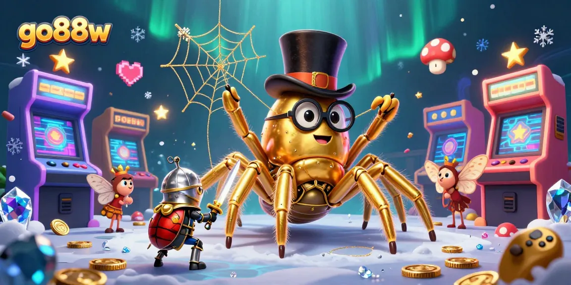 Engage with go88w as a golden tarantula weaves a web of gold in a lively casino setting.